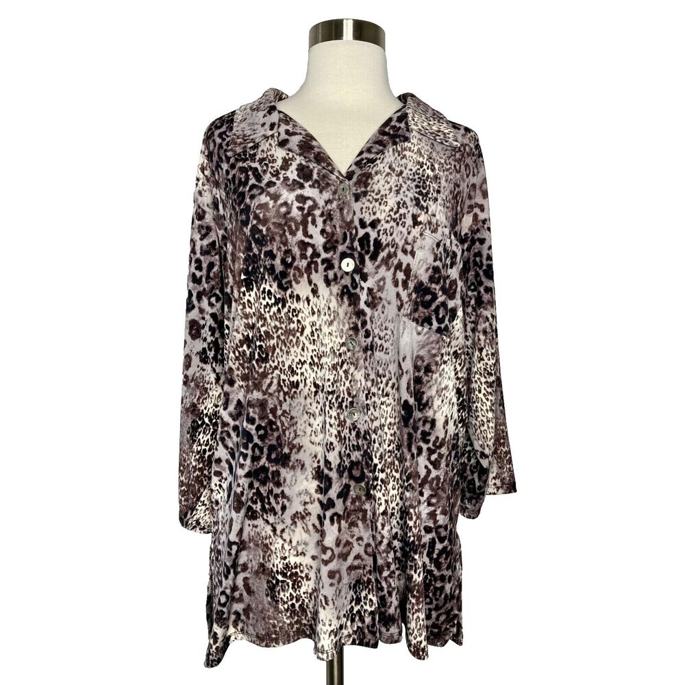 Susan Graver Style Womens Leopard Print Button Front Tunic Shirt Gray Brown‎ L